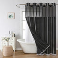 eachope Boho Farmhouse No Hook Shower Curtain Set with Snap-in Fabric Liner,Heavy-Duty Linen Textured Rustic Striped Design,Water-Repellent with Tassels and Sheer Window,Black,71x74 - color: Black, size: 71"W x 74"L (Pack of 1)