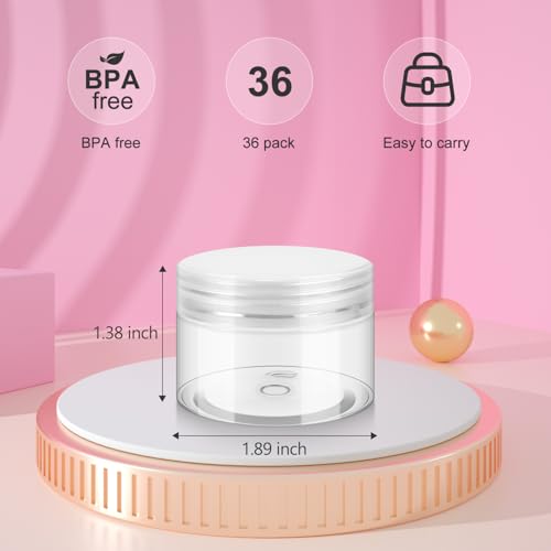 Loretoy 36 Pack 1 OZ Plastic Jars with Lids, BPA Free, Reusable, Refillable Transparent Cosmetic Containers for Bath Salts, Cosmetics, Powders, Beauty Product and Small Accessories, White - color: White, size: 1 Ounce