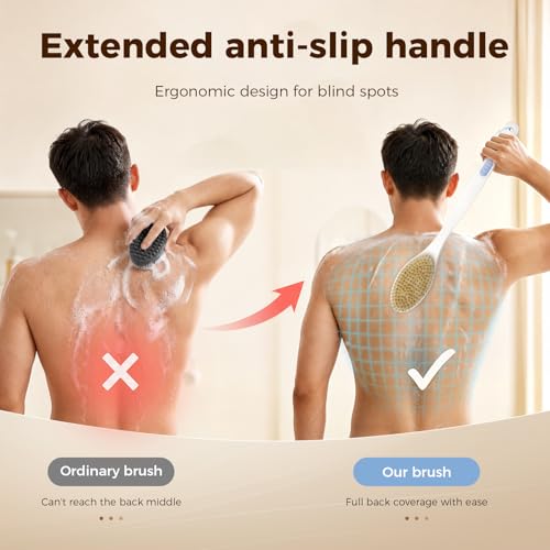 Back Scrubber for Shower with Long Handle, Blue | Double Sided Bristles (Stiff & Soft), Anti-Slip Grip, Lightweight - Gift for Seniors, Includes Lanyard & Hook - color: Blue