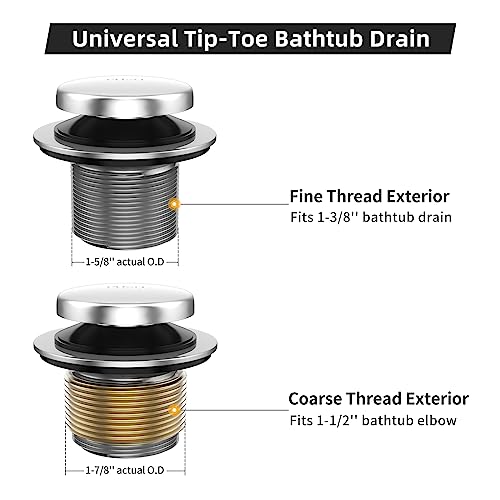 All Metal Tip-Toe Bathtub Drain Kit with Two-Hole Overflow Faceplate and Universal Fine/Coarse Thread Assembly, Bath Tub Drain Kit fits All Bathtub -Chrome Plated - color: Chrome Plated