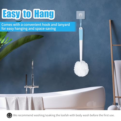 VANZAVANZU Loofah Sponge Set Back Scrubber for Shower, Anti-Slip Plastic 17" Handle Loofah on a Stick with Fluffy Shower Sponge, PE Soft Mesh Shower Loofahs-White with Blue Grip