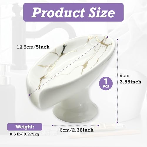 Self-Draining Soap Dish for Shower, Bathroom & Kitchen - White Ceramic Soap Holder with Gold Marble Pattern, Keeps Soap Dry, Easy to Clean