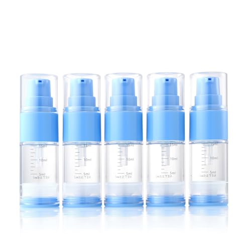 0.5oz/15ml Travel Airless Pump Bottles, 5 Pack Refillable Vacuum Cosmetic Containers with Clear Organizer Case & Labels, Small Lotion Dispenser Bottles for Skincare, Toiletries & Cosmetics - color: Blue, size: 0.5oz/15ml