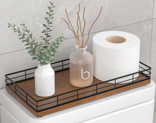 Toilet Paper Basket Organizer, Oak Wood Toilet Tank Tray with Metal Frame | Bathroom Counter Top Storage for Toilet Paper, Wipes & Decor, Modern Narrow Back of Tank Shelf Organizer, Black & Brown - color: Black & Brown, size: 13" x 6.5" x 2"