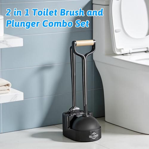 Sellemer Toilet Brush and Plunger Set, Curved Head Deep Clean, Black 2 Pack | Brush and Plunger set, Curved Nylon Bristles for Deep Clean, Strong Suction Plunger, Ventilated Holder for Quickly Air Dry - color: Black