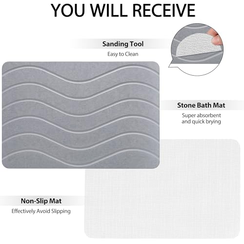 Absorbent Stone Bath Mat, Diatomaceous Earth Shower Mats, Non-Slip Water Absorbing Diatomite Stone Mat for Bathroom Floor, Quick-Drying Easy to Clean (23" x 16" Gray) - color: Gray