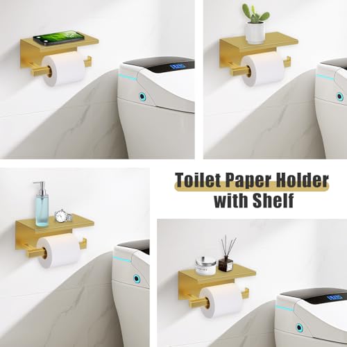 YACVCL 5-Pieces Brushed Gold Bathroom Hardware Accessories Set Stainless Steel Bathroom Towel Bar Set Towel Holder Set for Bathroom,Upgraded Toilet Paper Holder with Shelf,Wall Mounted 23.6" - color: Brushed Gold, size: 5Pcs