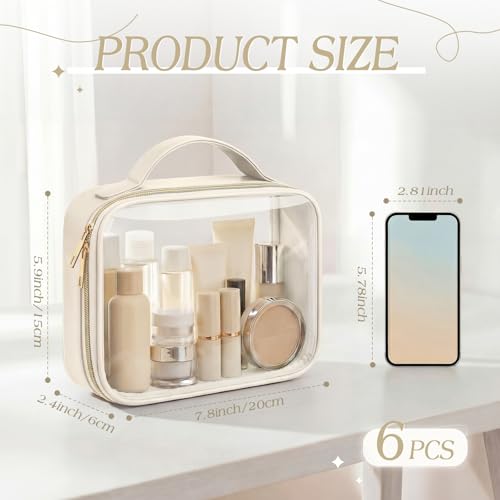 Abbylike 6 Pcs Clear Makeup Bags Bulk 7.9 x 5.9 x 2.4 Inches Quart Size Approved PU Leather Toiletry Bag with Handles Small PVC Clear Travel Cosmetic Case for Women Wedding Bridal Gifts(Beige) - color: Beige