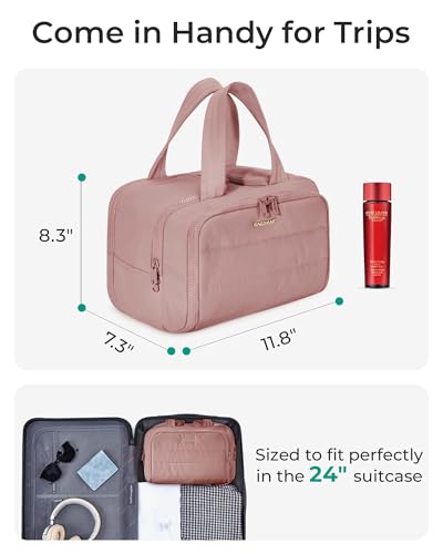 BAGSMART Travel Toiletry Bag, Lightweight Large Wide-open Travel Bag for Women, Puffy Cosmetic Makeup Bag Organizer with Handle for Accessories,Essentials, Toiletries, Dark Pink - color: Dark Pink