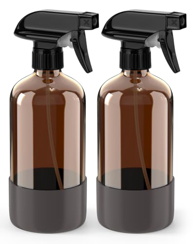 Bontip Glass Spray Bottle with Silicone Sleeve Protection, Amber Glass Spray Bottle Set for Window Cleaner Aromatherapy Facial Hydration Watering Flowers Hair Care 2 Pack/16 oz (Grey, 16 oz) - color: Grey, size: 16 Ounces