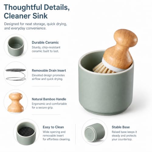 ONEMORE Bamboo Dish Brush with Ceramic Foaming Base, Kitchen Sink Scrub Brush Set with Spring and Mesh Insert, Wooden Handle Dishwashing Brush for Pots Pans Plates Bowls, Light Green - color: Light Green