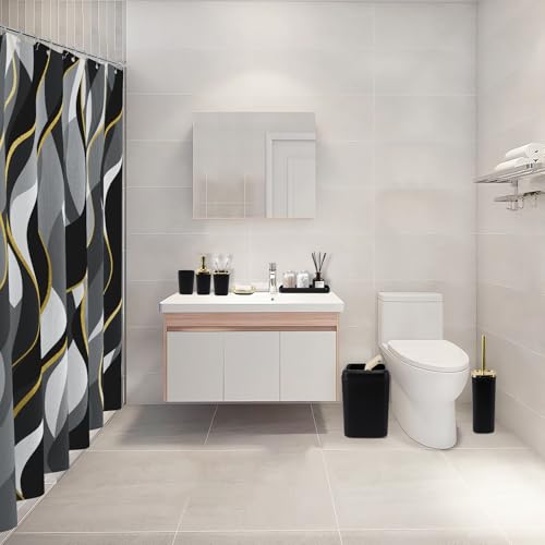 XLHOMO Black Bathroom Set, Bathroom Sets with Stripe Shower Curtain, Black and Gold Bathroom Accessories with Trash Can, Soap Dispenser, Soap Dish, Toilet Brush Holder, Qtip Holders for Bathroom - color: Stripe Black & Gold, size: Complete Set