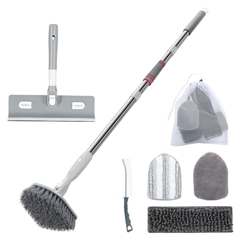 Tile Tub Floor Cleaner Scrubber With Long Handle - 5-in-1 Shower Brush Set for Bathroom, Kitchen, Walls, Sink - Includes Window Scraper and 3 Detachable No Scratch Heads