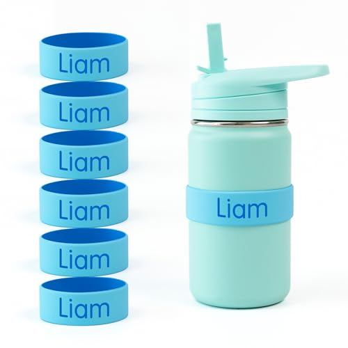 Mabel’s Labels Personalized Two-Tone Engraved Silicone Name Bands – Reusable Dishwasher-Safe Name Bands for Water Bottles, Sippy Cups & Drinkware (Blue & Light Blue, 6 Pack) - color: Blue, size: 6 Count (Pack of 1)