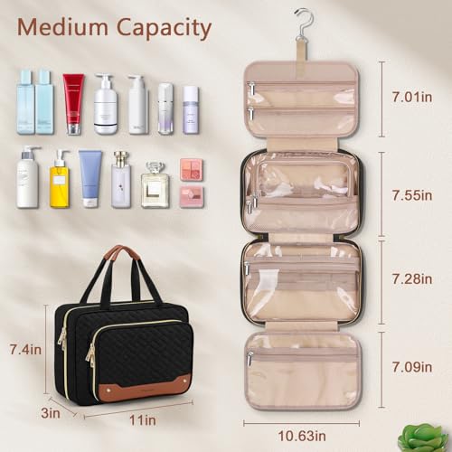 Wedama Toiletry Bag for Women, Hanging Travel Toiletry Bag with Jewelry Organizer Compartment Medium Makeup Bag, PVC Waterproof Cosmetic Travel Bag Trips Camping Bathroom, Black+Brown - color: Black, size: Medium, style: With Jewelry Organizer Compartment