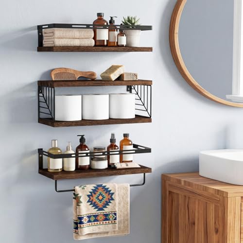 Fixwal Wall Mounted Bathroom Shelves Over Toilet, Rustic Wood Floating Shelves with Metal Frame and Towel Bar for Bathroom, Kitchen, Bedroom, Living Room (3 Plus 1 Dark Brown) - color: 6-dark Brown