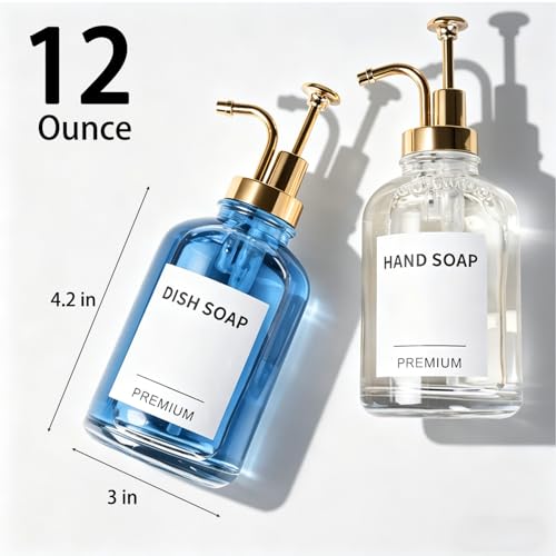12oz Dish Soap Dispenser for Kitchen, Hand Glass Soap Dispenser Set with Pump, Tray, Funnel for Bathroom, Shower, Laundry, Liquid, Lotion (Gold 2 Pack Clear Bottles with 12 Stickers) - color: Gold, size: 12Oz