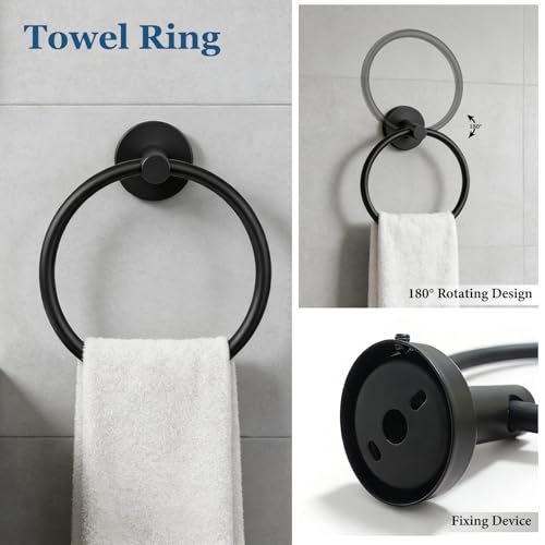 4-Pieces Wall Mount Bathroom Accessories Bathroom Hardware Set,23.6 Inch Stainless Steel Waterproof Towel Bars,Toilet Paper Holder with Shelf,Towel Ring,Coat Hook,Matte Black - color: Matte Black 4pc - Round