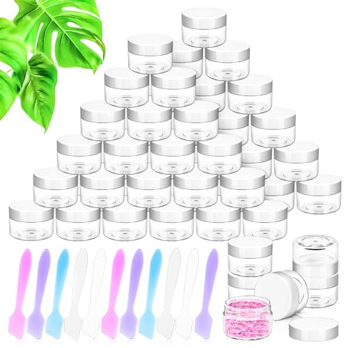40 Pack 15g Plastic Jars with Lids, 15ml Round Clear Cosmetic Containers Makeup Jars, Travel Size Container Jar with 10 Spatulas for Sample Lotion Cream Eyeshadow Ointment Salve Balm Powder - color: White, size: 15g
