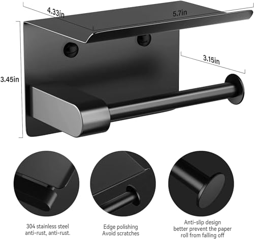 Self Adhesive Toilet Paper Holder with Phone Shelf Stainless Steel（Black Wall Mounted Toilet Paper Roll Holder - Rustproof and Bathroom Washroom Tissue Roll Holder with Storage Shelf, GZJJ-1 - color: Black
