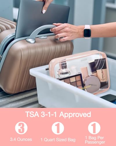 BAGSMART Clear Toiletry Bag, 3 Pack TSA Approved Travel Toiletry bag Carry on Travel Accessories Bag Airport Airline Quart Size Bags Water Repellent Makeup Cosmetic Bag for Women (Nude Pink-3pcs) - color: Creamy Nude Pink, size: 3 Pack, Medium