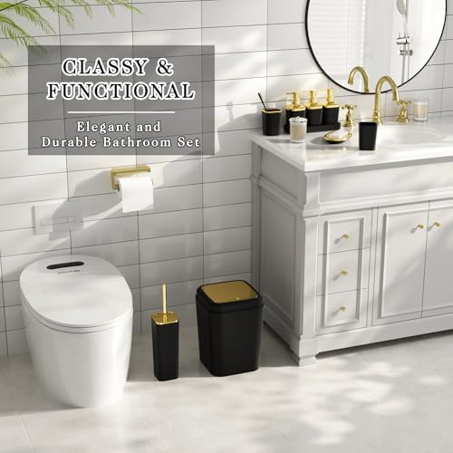 Bathroom Set - 11PC Bathroom Accessory Set, Bathroom Accessories Set, Black Bathroom Set, Push-lid Trash Can, 3PC Soap Dispensers, Toilet Brush & Q-tip Holders - color: Black & Gold, size: Bath Set