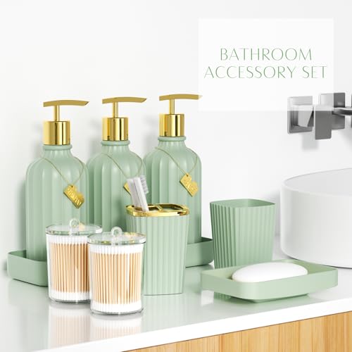 21PCS Bathroom Sets with Shower Curtain and Rugs Bathroom Accessories Set Dark Green Bathroom Set Complete with Trash Can, Toilet Brush, Qtip Holder & 3PCS Soap Dispenser - size: Bath Set+Marble Shower Curtain+Rugs, style: Dark Green