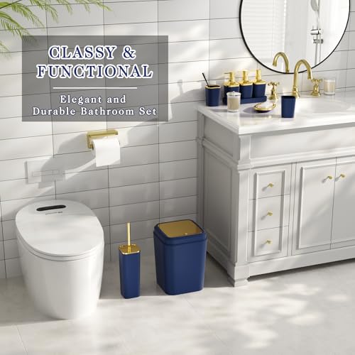 Bathroom Set - 11PC Bathroom Accessory Set, Bathroom Accessories Set, Blue Bathroom Set, Push-lid Trash Can, 3PC Soap Dispensers, Toilet Brush & Q-tip Holders - color: Navy Blue & Gold, size: Bath Set