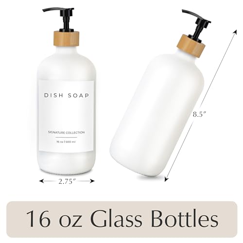 Emerson Glass Soap Dispenser Set - 16 Oz, 2-Pack with Pump and Labels for Kitchen and Bathroom - color: 01 – White / Bamboo Black