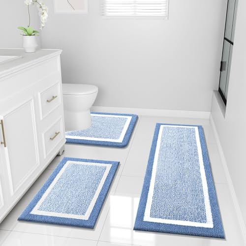 OLANLY Bathroom Rugs Sets 3 Piece, Soft Absorbent Microfiber Bath Mats and U-Shaped Contour Toilet Rug, Home Decor Accessories, Non-Slip, Bath Mat Set for Bathroom (47"x20"+24"x16"+24"x20", Blue) - color: Blue and White, size: 47" X 20" + 24" X 16" + U Sh