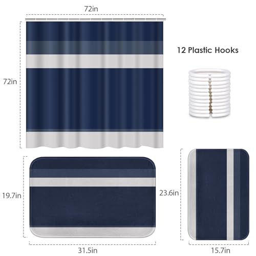 ArtSocket Navy Grey Nautical Bathroom Set with Shower Curtain and Bath Rugs and Accessories, Striped Modern Non-Slip 3 Pcs, 72" L x 72" W Curtain, 23.6" L x 15.7" W + 19.7"x 31.5" Rugs - color: Navy Grey