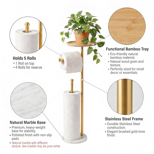 Standing Toilet Paper Holder Gold with 7.9" Big Tray, 2.2Lbs Heavier Marble Base, Freestanding Paper Holder Stand with Phone Shelf, Holds 5 Paper Rolls (Gold) - color: Gold