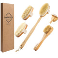 SAMEBUTECO Dry Brushing Body Brush Set with Slide-in Long Handle, 4-in-1 Wooden Bath Scrubber with Face Brush & 3 Interchangeable Heads (Boar Bristle, Soft Washer, Nodal Massager) for Exfoliating