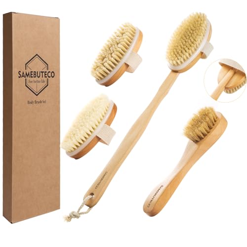 SAMEBUTECO Dry Brushing Body Brush Set with Slide-in Long Handle, 4-in-1 Wooden Bath Scrubber with Face Brush & 3 Interchangeable Heads (Boar Bristle, Soft Washer, Nodal Massager) for Exfoliating