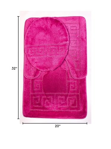 WPM WORLD PRODUCTS MART 3 Piece Bath Rug Set Pattern Bathroom Rug (20"x32")/Large Contour Mat (20"x20") with Lid Cover (Hot Pink) - color: Hot Pink