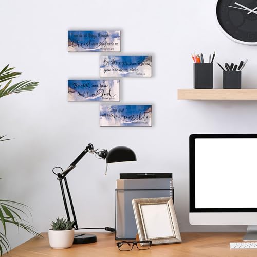 4 Pcs Blue Bathroom Decor Christian Wall Art Abstract Bible Verse Wall Decor Rustic Inspirational Wood Bathroom Accessories For Bedroom Kitchen Office(10 x 4 Inches, Blue) - color: Blue