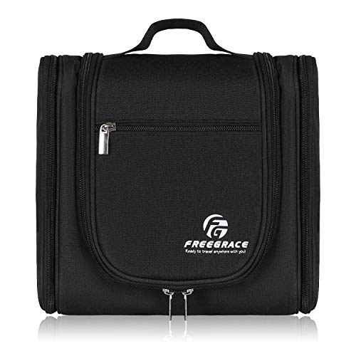 Freegrace Extra Large Hanging Toiletry Bag for Men and Women - Water-Resistant Nylon Travel Bathroom Organizer for Cosmetics, Makeup, and Toiletries - color: Snow Black