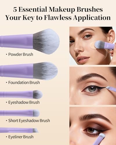 EIGSHOW Makeup Brush Set 5Pcs Basic Makeup Brushes for Powder Foundation Eyeshadow Eyeliner, Synthetic Silver Ion Bristles, Travel-Friendly, Vegan & Cruelty-Free (Matte Purple) - color: Matte Purple