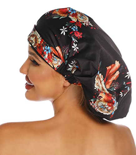 HIUMI Womens Shower Cap for Long Hair Luxury Shower Cap For Dreadlocks, Braids, Curls, Locs, Curly Hair，Mother's Day Gift （Black） - color: black2