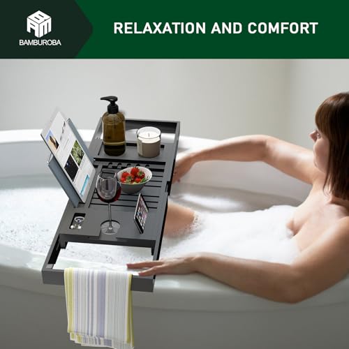 Foldable Bamboo Bathtub Caddy Tray Expandable for Luxury Bath, Bath Accessories & Table with Wine Glass Holder, Book Stand Bathroom Organizer with Extending Sides for Men/Women,Black - color: Black Bamboo