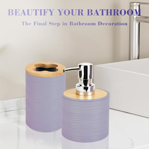 2 PCS Lavender Bathroom Accessories Set, Soap Dispenser and Toothbrush Holder Set, Plastics & Bamboo Bathroom Set, Bohemian Style Bathroom Sink Set - color: Lavender Purple, size: 2 PCS