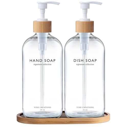 Vine Creations Clear Glass Soap Dispenser Set, Hand Soap and Dish Soap Dispenser Set with Bamboo Tray, 16 oz Glass Dispensers Bottle for Kitchen and Bathroom Decor Modern Boho with Bamboo Pump (Clear) - color: Clear