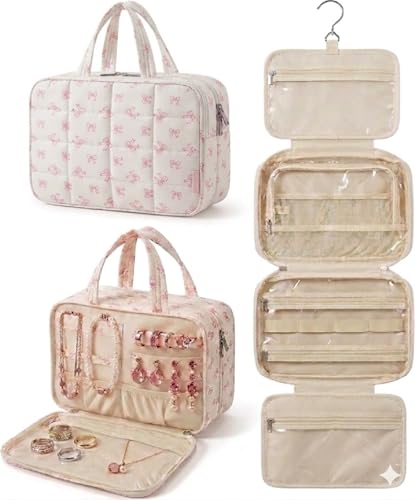 SOIDRAM Travel Toiletry Bag for Women Pink Bow Hanging Makeup Organizer for Toiletries Large Capacity Cosmetic Bag Cute Aesthetic Toiletry Kit for Travel