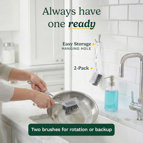 Cuisinart Dish Brush with Handle, 2 Pack, Firm Bristles | Multi-purpose dish scrubber for plates, pots, and pans, deep cleaning removes grease, safe for nonstick, built-in scraper - color: Rectangular- Dark Gray
