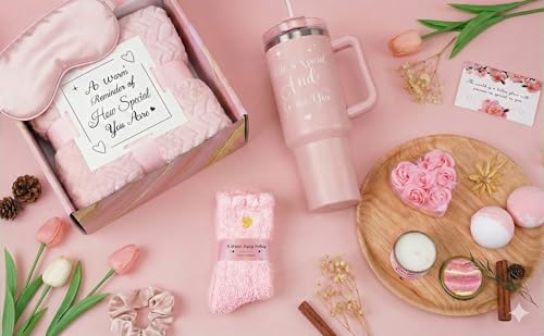 Mothers Day & Birthday Gifts for Women - Tova's Creations 13-Piece Strawberry Daiquiri Spa Gift Basket with 40 OZ Tumbler & Luxury Flannel Blanket for Mom, Wife, Grandma - color: Pink