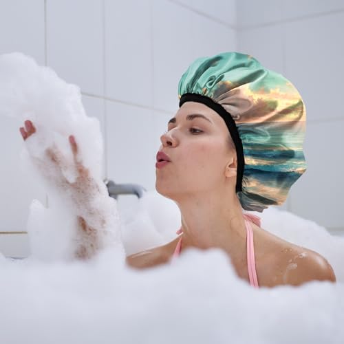 Luxury Shower Cap Terry Lined Reusable Triple Layer Waterproof Hair Elastic Caps Shower Bath Hat for Women Girls Cute Aesthetic-Beach - color: AL3-Beach