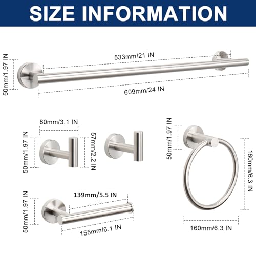 NearMoon 5 Pieces Bathroom Hardware Set SUS304 Thicken Stainless Steel-Towel Rack Kit Include 24" Towel Rod +Bath Towel Ring +Toilet Paper Holder +2 Robe Towel Hooks Bath Accessories (Nickel) - color: Brushed Nickel