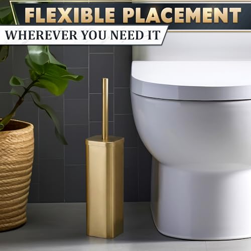 Gold Toilet Brush with Square Holder - Toilet Brush and Holder Set Gold, Stainless Steel Handle with Splash Shield, Replaceable Head and Removable Inner Cup - Freestanding Bathroom Toilet Cleaning Set - color: Gold Rounded Square