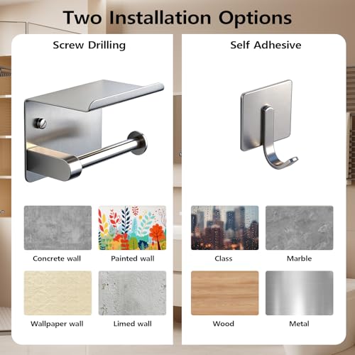 Toilet Paper Holder with Phone Shelf, Adhesive or Screw Wall Mount Toilet Tissue Roll Holder with 5 Stainless Hook,Rustproof and Bathroom Washroom Tissue Roll Holder with Storage Shelf - Silver