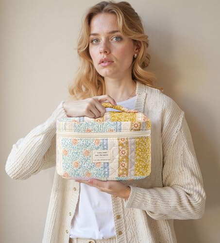 HBselect Quilted Makeup Bag, 3PCS Cotton Large Travel Makeup Bag, Cute Floral Coquette Make up Bag Cosmetic Bag Toiletry Bag for Women Girls - color: A-3PCS-Floral 36